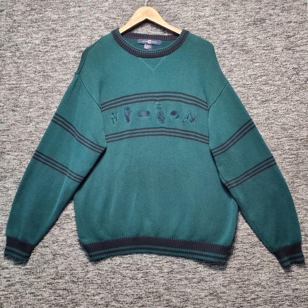 VTG Cotton Traders Golf Sweater Mens Large Green Embroidered Heavyweight Knit